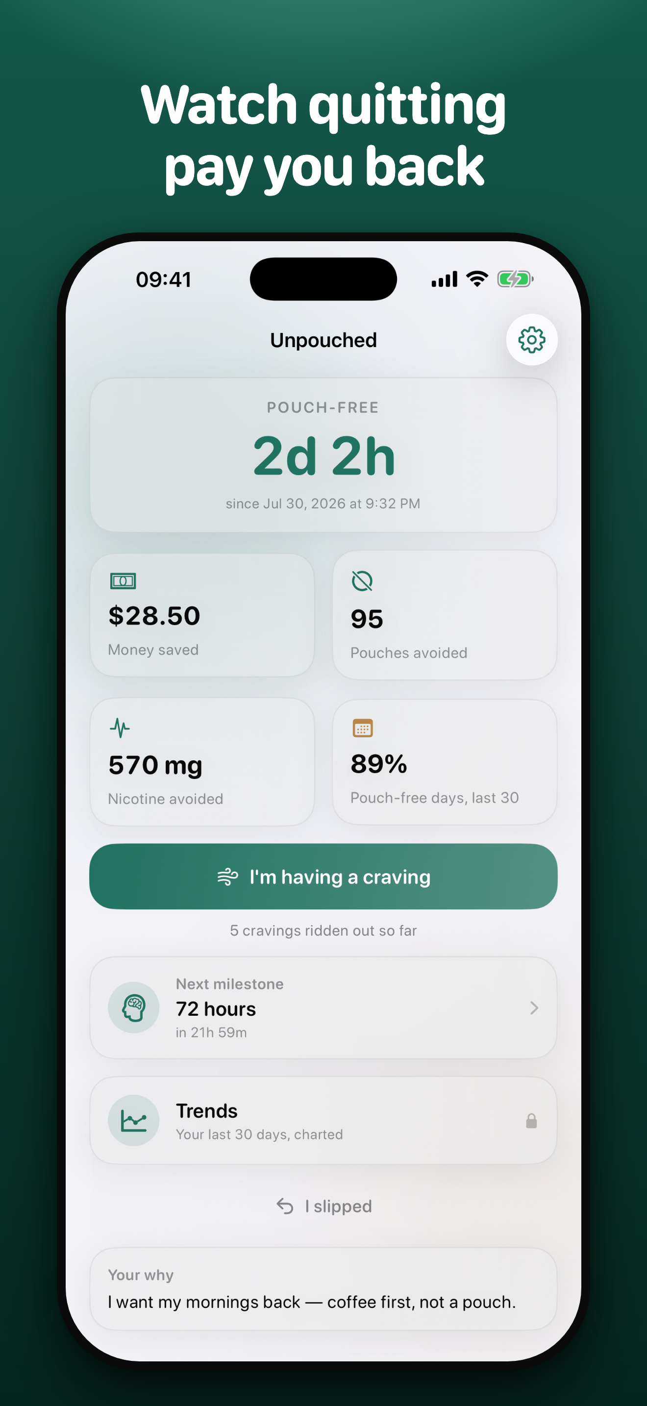 Unpouched home screen — pouch-free streak, money saved, pouches avoided